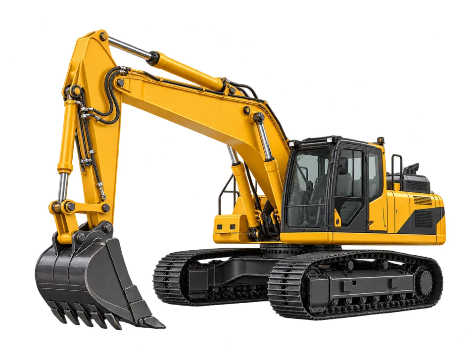 Yellow tracked excavator, isolated equipment illustration